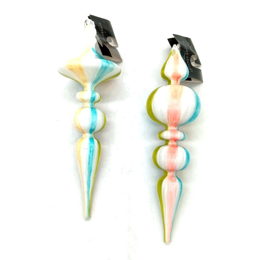 Robert Stanley Handblown Glass Ornaments Pastel Stripes XL Finial Set of 2 NWT
